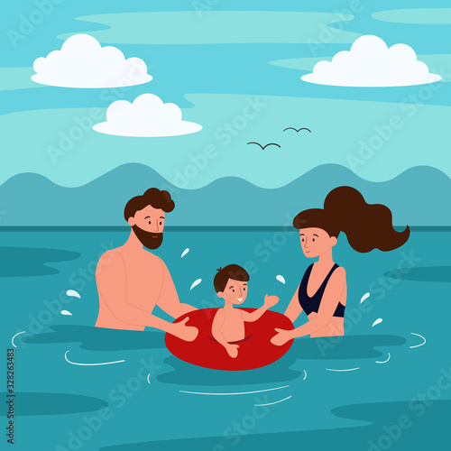 Summer vacation on the beach. The family is swimming in the sea. Mom and father teach a child to swim. Flat cartoon characters.