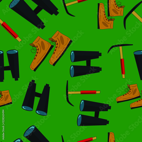 seamless pattern of binoculars, boots and pickaxe, ice ax