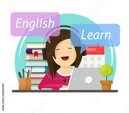 Person student leaning or studying English language online on laptop computer sitting on table desk workplace in headphones vector flat cartoon illustration, character educating school courses modern