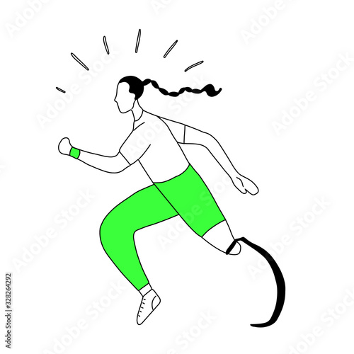 Outline illustration of girl runner with prosthetic leg. Jogger sportswoman. Stylized strong athletic woman with disability. Sport for all. Vector line art for card, article and your creativity