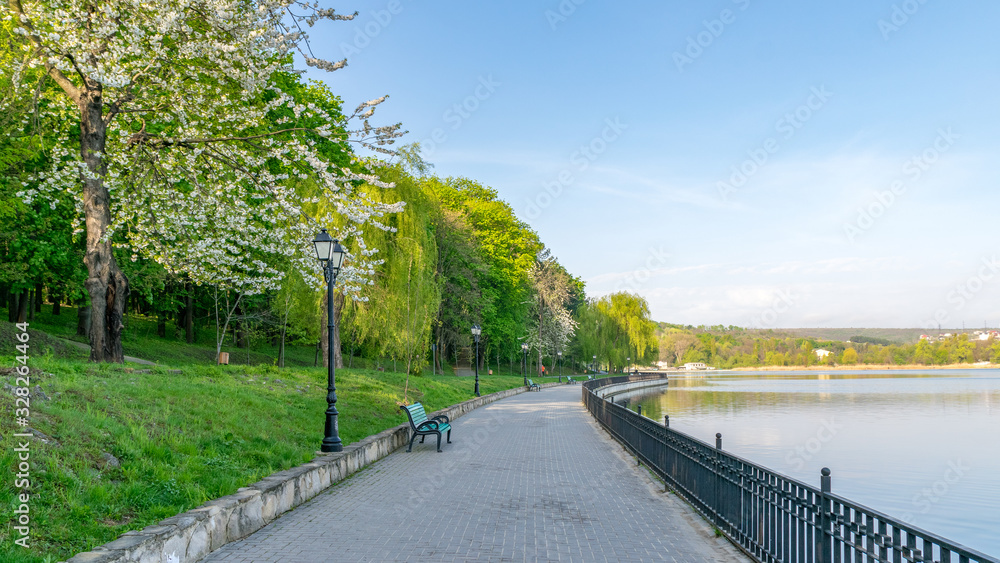 Valea Morilor park with Valea Morilor lake in Chisinau, Moldova on a sunny spring day. It is one of the most popular parks in Chisinau, Moldova
