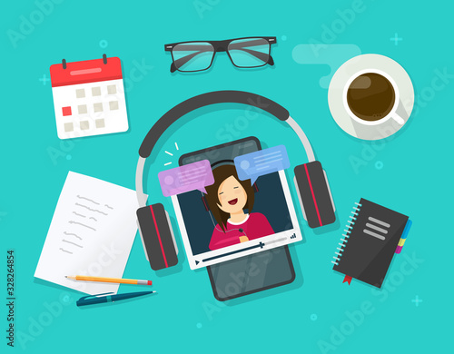 Video content creating online on work desk table or watching video tutorial on mobile phone or smartphone vector flat cartoon illustration, broadcasting or streaming vlog service with call messages