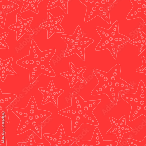 Seamless pattern of Red line starfish. Bright illustration in doodle style. Marine and summer theme. Good for cover and cute print for kids clothes.