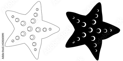 Black and white starfish with circle protuberant.  Line illustration in doodle style. Marine and summer theme. Good for icon on web.
