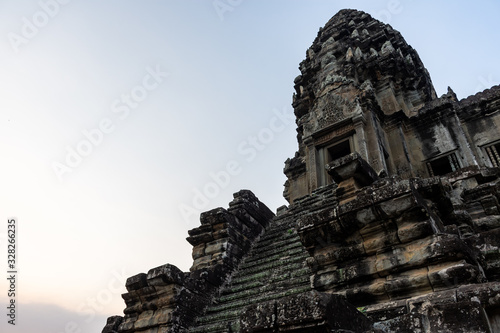 Angkor Wat temple at sunrise no people with blue sky