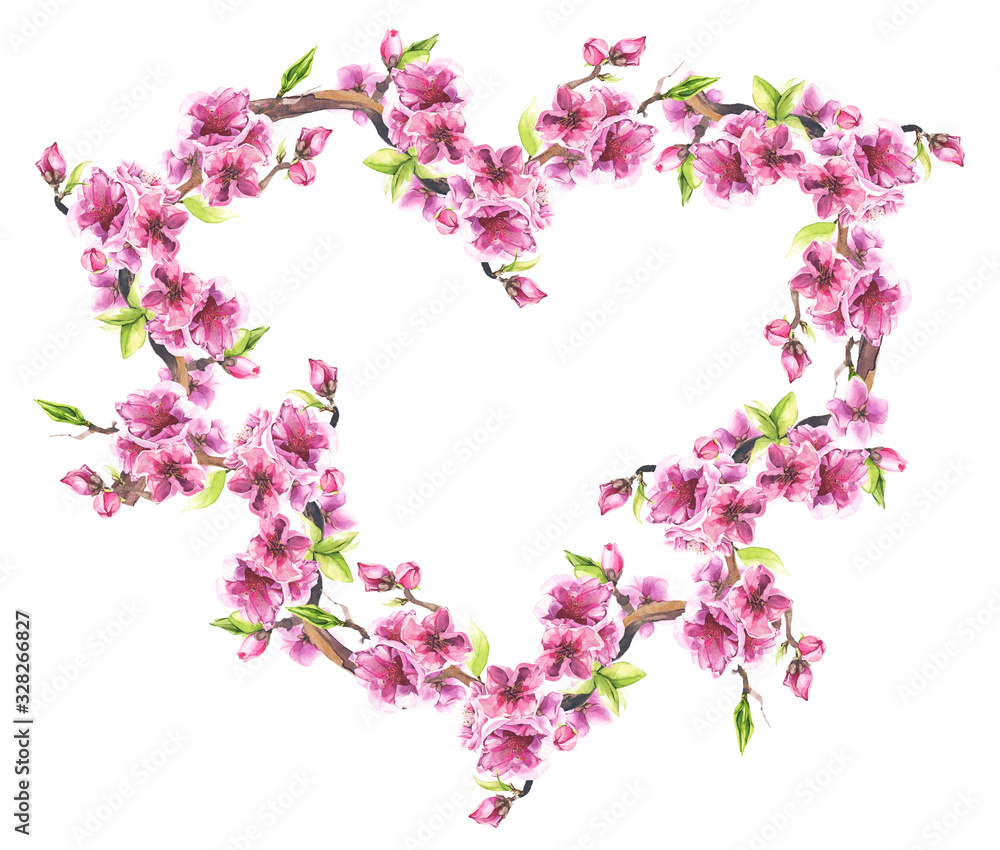 Watercolor painted pink cherry blossoms. Floral wreath in the shape of a heart. Arrangement illustration.