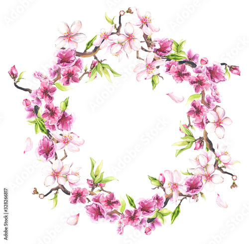 Watercolor painted pink cherry blossoms. Floral wreath. Arrangement illustration.