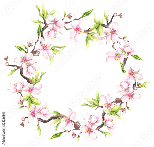 Watercolor painted white cherry blossoms. Isolated floral wreath arrangement illustration.