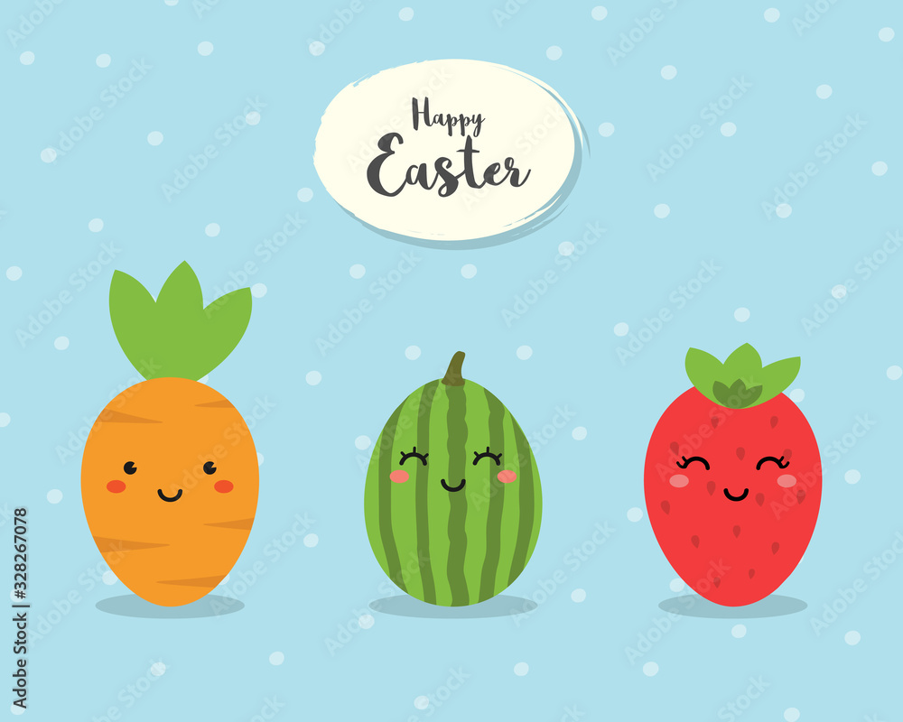Easter Eggs Collection. Fruit and Vegetable decorated for Easter day. Strawberry, Watermelon and Carrot Painted Easter Eggs Vector illustration.