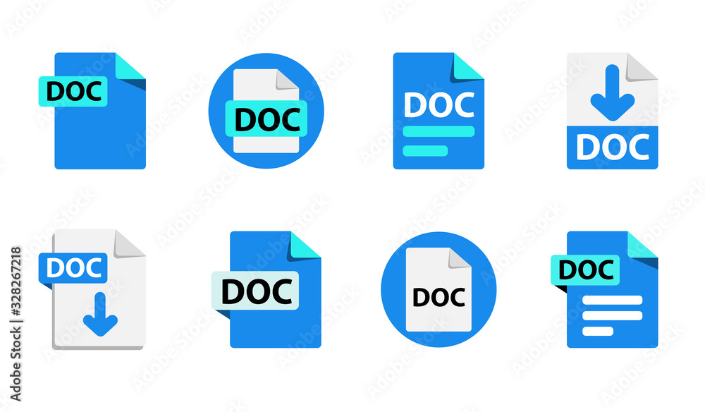 Collection of vector icons DOC. File format extensions icons. 8 different design options. Circle buttons. flat design style Collection of vector icons DOC. File format extensions icons. 8 different design options. Circle buttons. flat design style