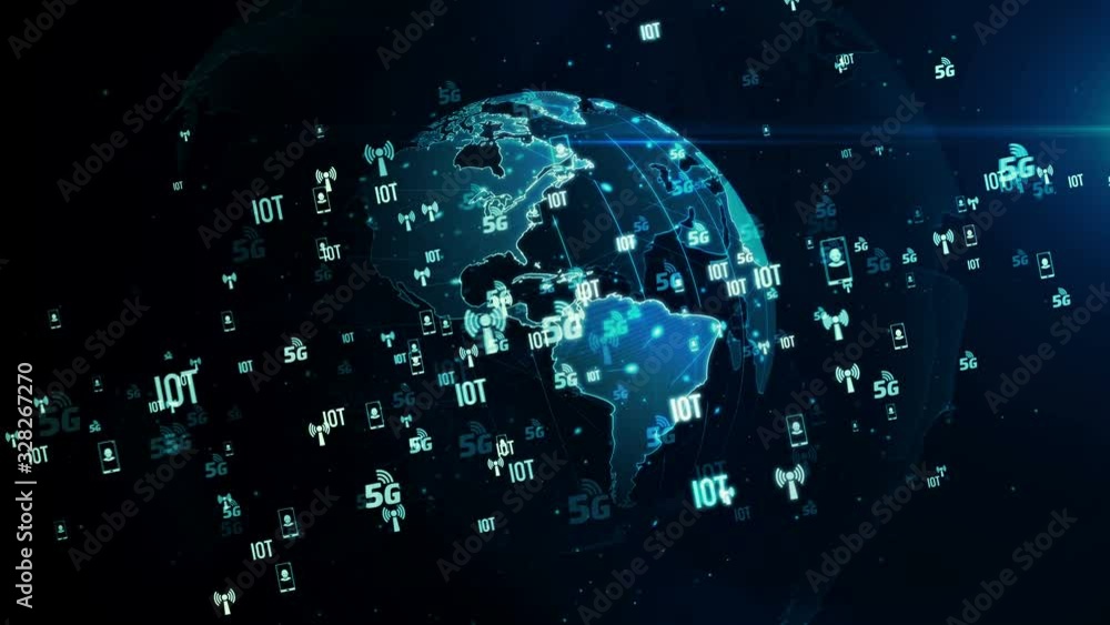 5G mobile communications, iot and digital wireless network symbols on rotating digital globe loopable seamless 3d animation. Abstract concept background of future technology, business globalization. 5G mobile communications, iot and digital wireless network symbols on rotating digital globe loopable seamless 3d animation. Abstract concept background of future technology, business globalization.