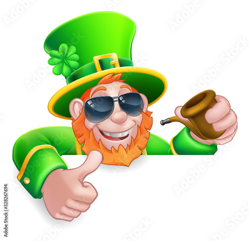 A Leprechaun St Patricks Day cartoon character wearing cool sunglasses. Holding a pipe peeking over a sign and giving a thumbs up