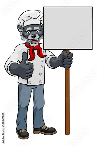 A wolf chef mascot cartoon character holding a sign board