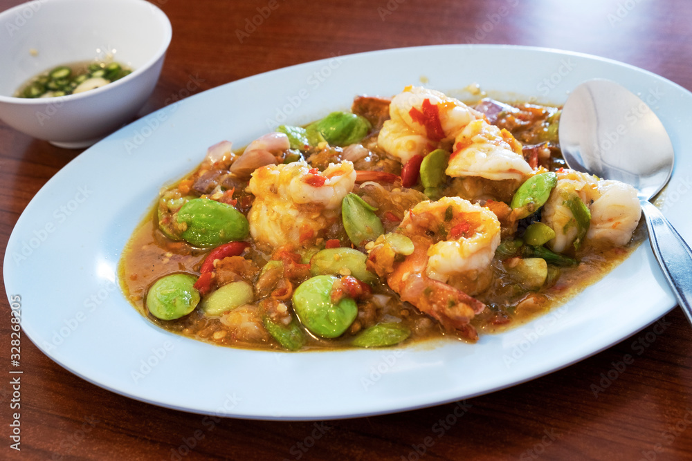 Stir fried shrimp with shrimp and Bitter bean. Southern Thai food. Stir fried shrimp with shrimp and Bitter bean. Southern Thai food.