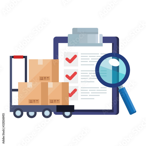 Boxes over cart lupe and list document design, Delivery logistics transportation shipping service warehouse industry and global theme Vector illustration