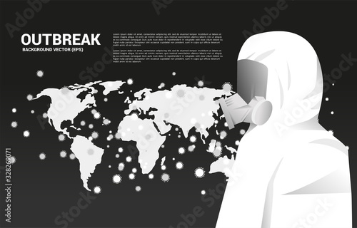 White Hazmat suit with full mask and virus particle around world map background. Concept for biochemical hazard and virus protection situation