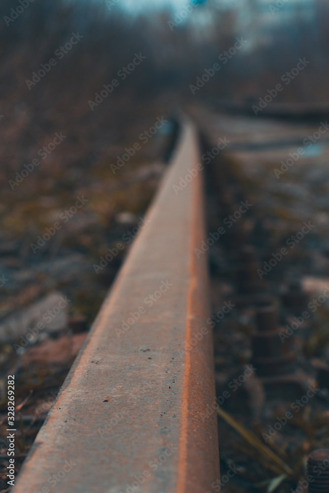 Railway crossing on a cloudy day. Traveling by train. Shallow depth of field