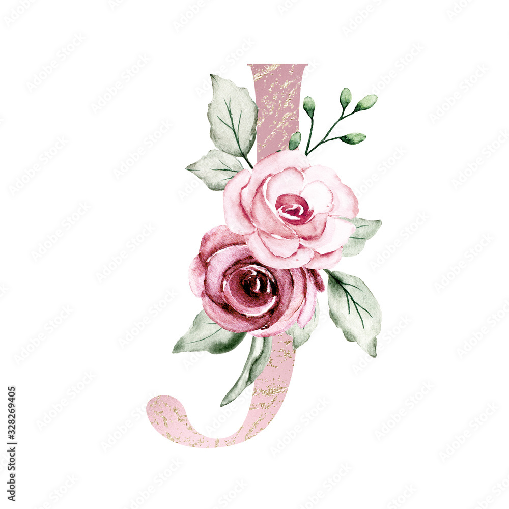 Letter J, floral pink and gold monogram, initial with watercolor ...
