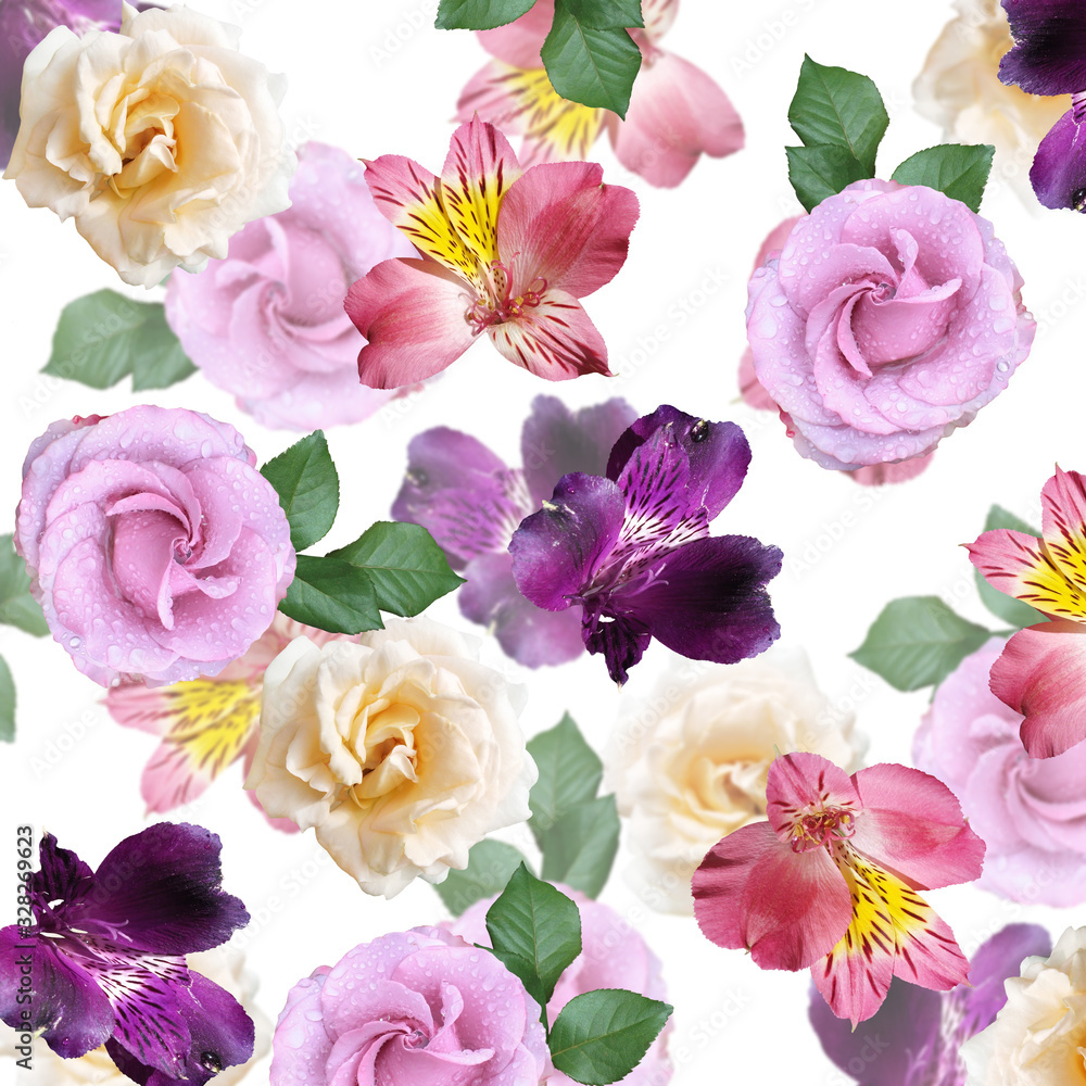 Beautiful floral background of roses and alstroemeria. Isolated
