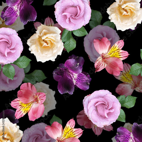 Beautiful floral background of roses and alstroemeria. Isolated