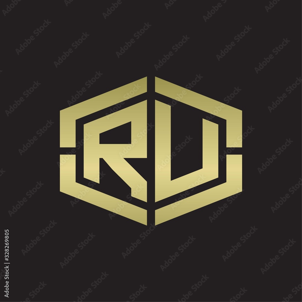 RU Logo monogram with hexagon shape and piece line rounded design tamplate on gold colors RU Logo monogram with hexagon shape and piece line rounded design tamplate on gold colors