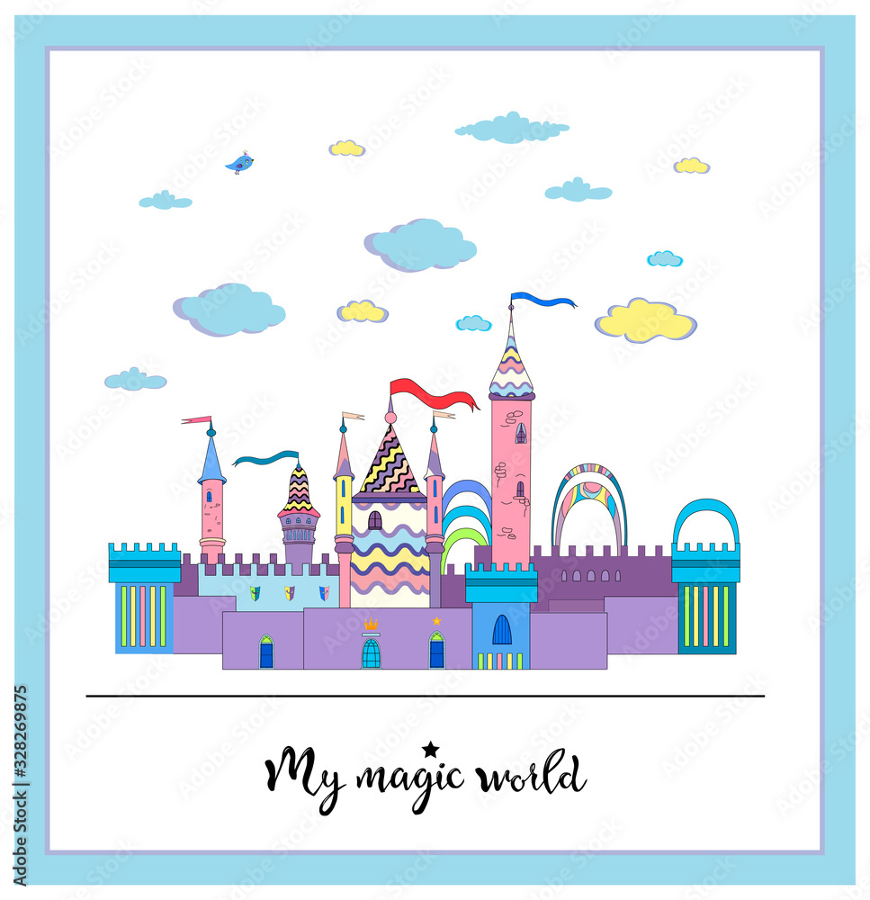 Naklejka premium Magic town with clouds and lettering my magic world isolated on the white background. Vector illustration