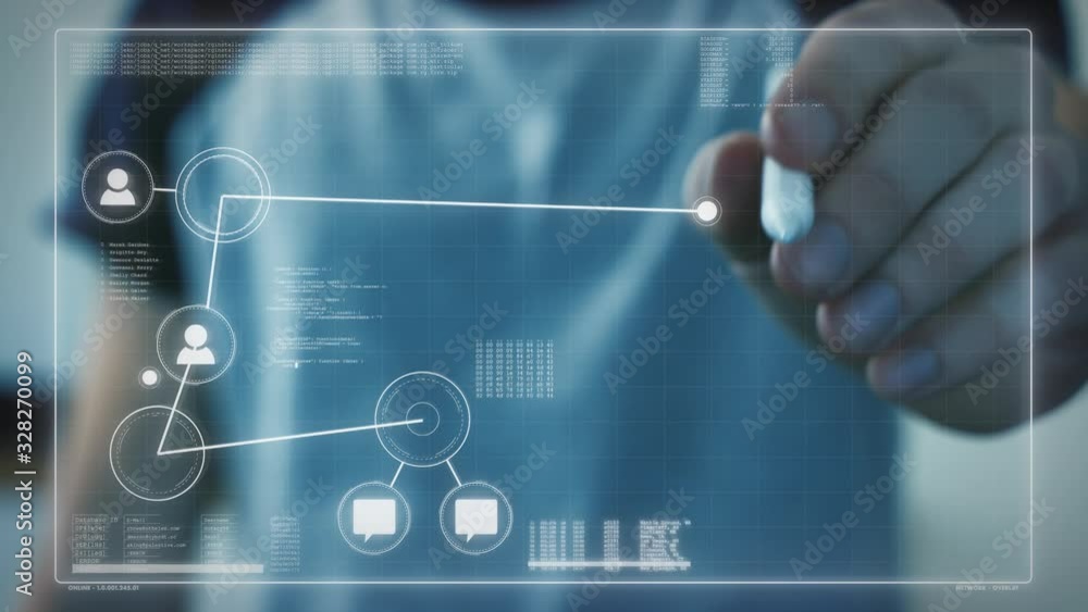 Male hand creates a digital network on a holographic screen using a touch pen. Holographic work screen with nodes, connections and data sets.