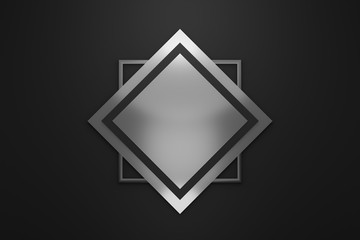 Blank logo frame with modern style on black background. Empty silver template for design emblem and diamond shape. 3D rendering.