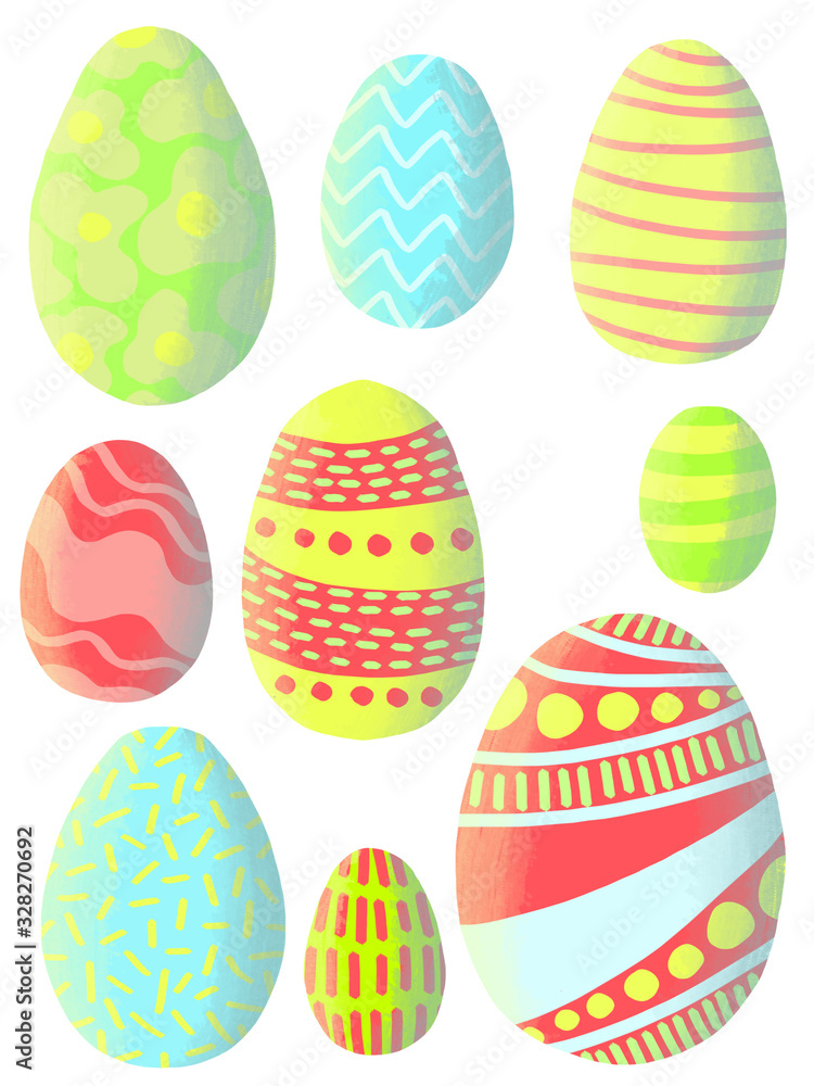 Set of different colored Easter eggs isolated on white background. Spring traditional decorated seasonal pastel colored eggs - pink, red, yellow, green, blue. Oneof a series easter llustration.