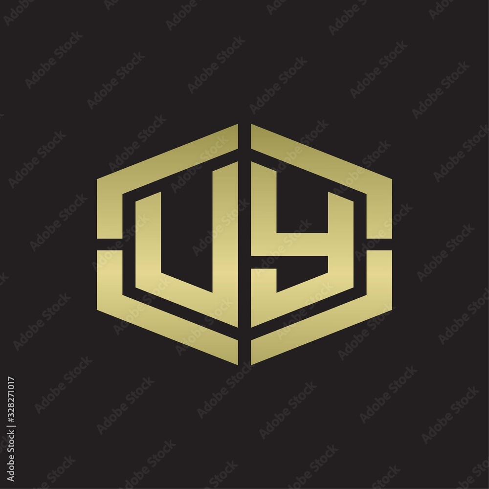 UY Logo monogram with hexagon shape and piece line rounded design tamplate on gold colors UY Logo monogram with hexagon shape and piece line rounded design tamplate on gold colors