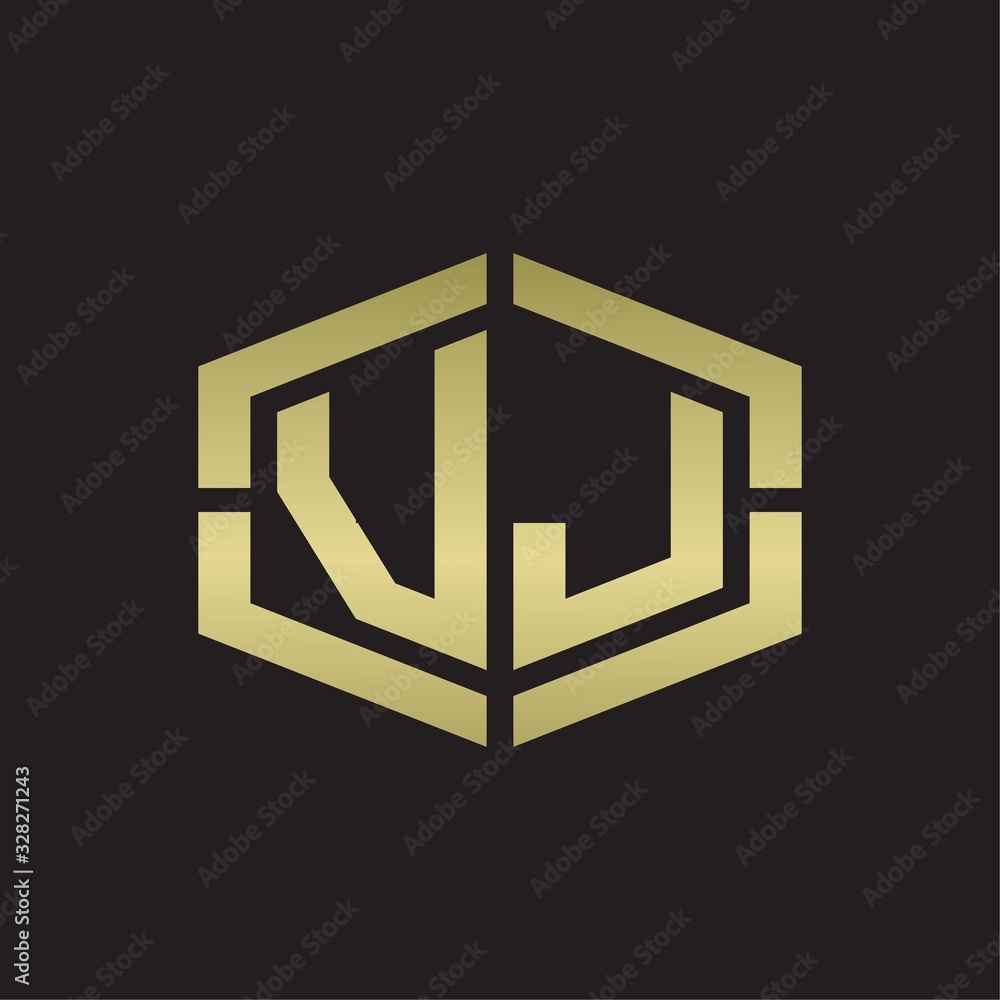 VJ Logo monogram with hexagon shape and piece line rounded design tamplate on gold colors VJ Logo monogram with hexagon shape and piece line rounded design tamplate on gold colors