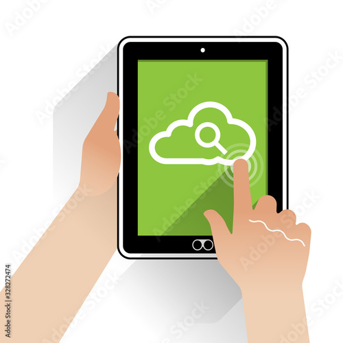 A vertically held Digital tablet connected to the internet. A finger of the right hand taps the interactive tablet screen which will action a web search.
