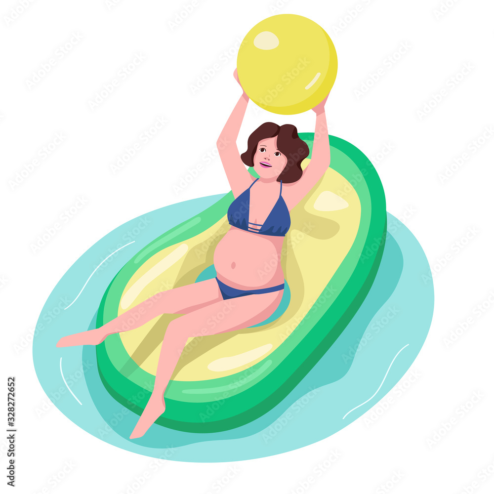 Pregnant woman in pool flat color vector character. Happy girl having fun with ball. Young mother sitting on inflatable mattress. Avocado ring. Adult beach activity isolated cartoon illustration