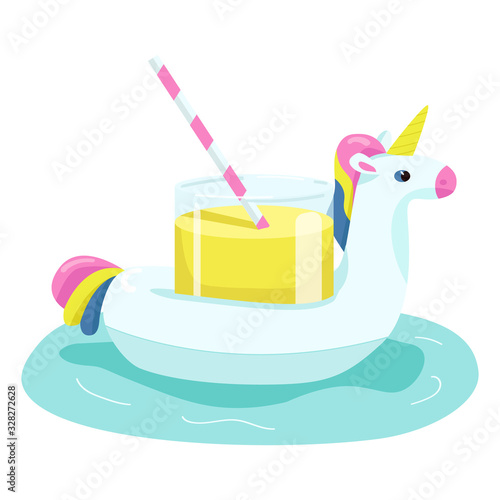 Inflatable unicorn cartoon vector illustration. Citrus cocktail with straw. Fun air mattress to hold drinks. Alcohol in glass cup flat color object. Refreshing liquid isolated on white background