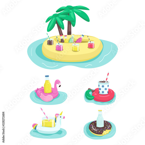 Inflatable drink holders flat color vector objects set. Donut rubber mattress. Soda in bottle. Lemonade in glass cup. Cocktails for pool party 2D isolated cartoon illustrations on white background
