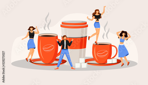 Coffee fest flat concept vector illustration. Active caucasian people. Caffeine drinks in red mugs. Energetic woman 2D cartoon characters for web design. Event at coffeeshop creative idea