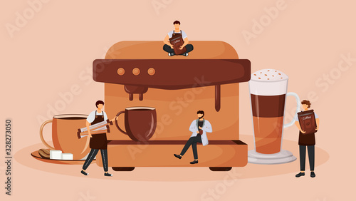 Automatic coffee machine flat concept vector illustration. Preparing cappuccino. Hot espresso drink making process. Barista 2D cartoon characters for web design. Coffeeshop creative idea