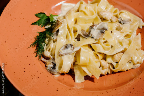 Fancy organic fetuccine pasta with creamy alfredo mushroom sauce.Top view photo