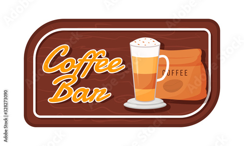 Coffee bar flat color vector label. Organic blend packaging sticker. Caramel macchiato with whipped cream. Roasted beans patch, signboard with typography. Mocha isolated cartoon design element