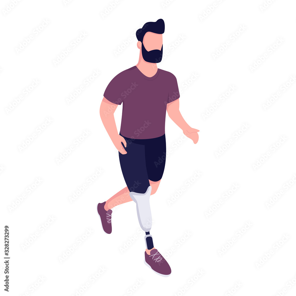 Man with artificial leg running flat color vector faceless character. Handicap sportsman exercising. Young man with limb prosthesis isolated cartoon illustration for web graphic design and animation