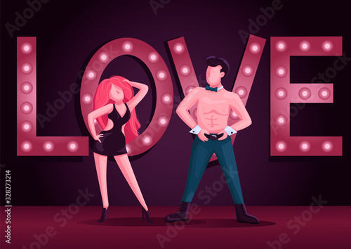 Male and female strip dancers flat color vector illustration. Attractive man and woman dance performance 2D cartoon characters. Striptease show with night club lights on background