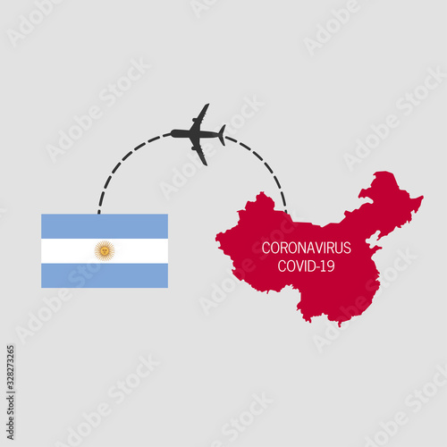 Covid-19, middle East respiratory syndrome coronavirus, icon of departure of coronavirus-charged plane from China and arriving in Argentina.