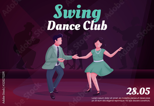 Swing dance club banner flat vector template. Brochure, poster concept design with cartoon characters. Retro revival party, twist competition horizontal flyer, leaflet with place for text