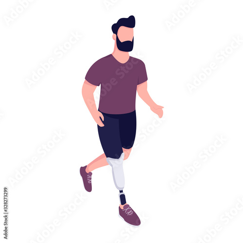 Man with artificial leg running flat color vector faceless character. Handicap sportsman exercising. Young man with limb prosthesis isolated cartoon illustration for web graphic design and animation