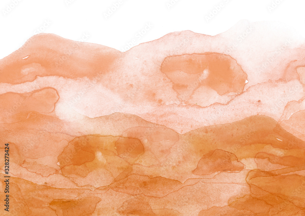 Fototapeta premium Watercolor yellow, brown hill, hillock, grass. Desert, sand. Summer, autumn landscape on white isolated background. The color splashing on the paper. Abstract blot, background. Desert landscape