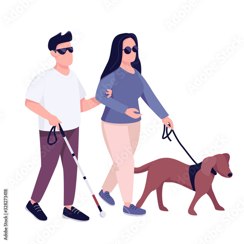 Blind man and woman with guide dog flat color vector faceless character. Young couple with eyesight problem walking together isolated cartoon illustration for web graphic design and animation
