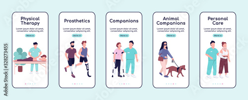 Disabled people care and companions onboarding mobile app screen flat vector template. Walkthrough website steps with characters. UX, UI, GUI smartphone cartoon interface, case prints set
