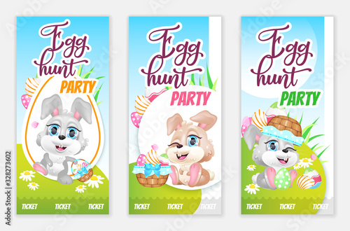 Egg hunt party tickets, free flyers flat vector templates set. Easter holiday celebration event printable leaflet design layout. Pascha advertising web vertical banner with bunny, social media stories