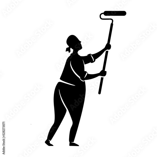 Man paint wall black silhouette vector illustration. Guy doing whitewash. Home repairs. Working person pose. Handyman 2d cartoon character shape for commercial, animation, printing
