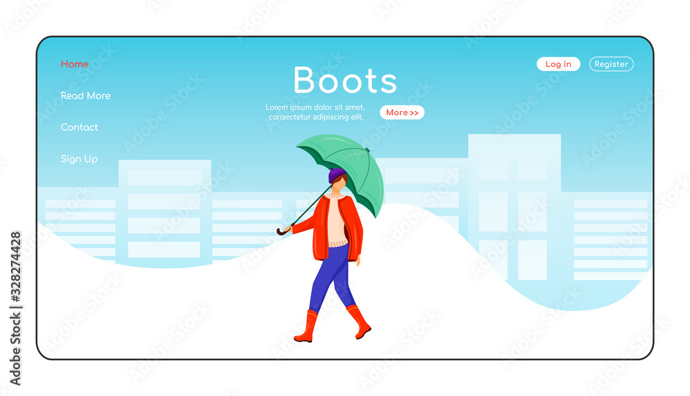 Boots landing page flat color vector template. Female with umbrella homepage layout. Wet weather one page website interface with cartoon character. Walking lady in gumboots web banner, webpage